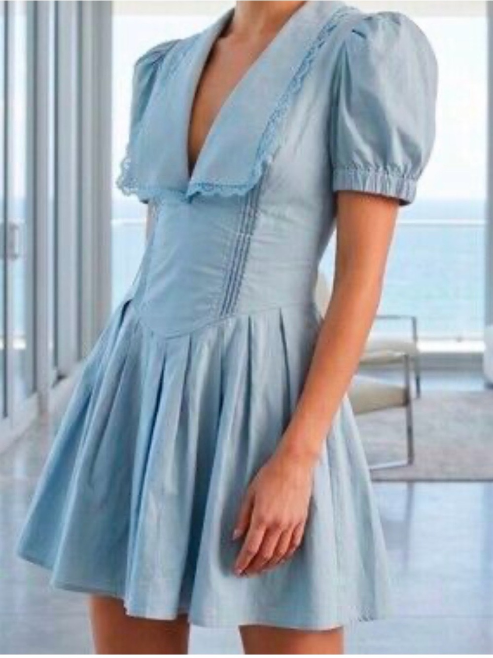 Light Blue V-Neck Mini Dress with Puff Sleeves and Pleated Skirt